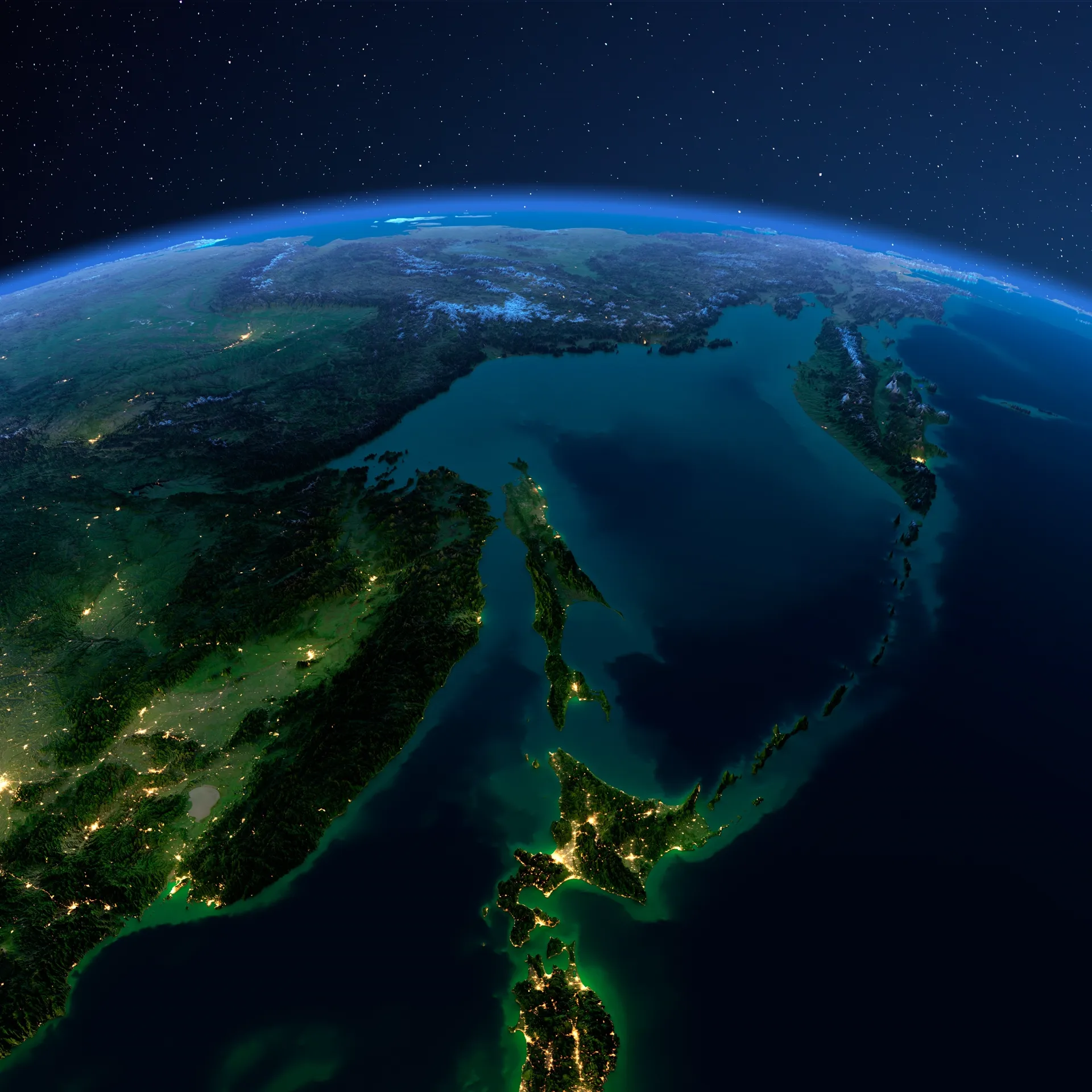 Сахалин и Курильские острова — ночной вид из космоса на Дальний Восток России